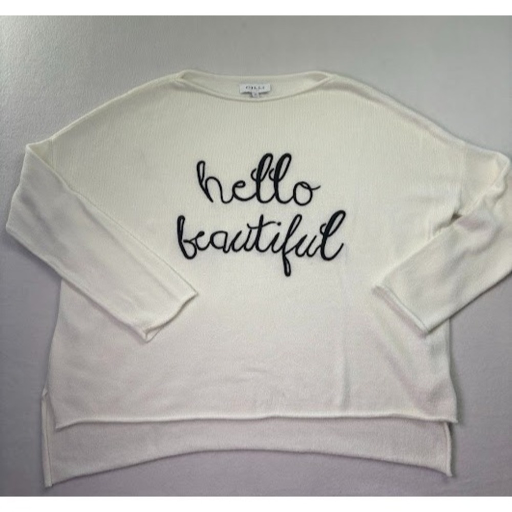 GILLI Lightweight Crepe Roll Wide Neck/Cuff Hello Beautiful Cream Sweater Medium